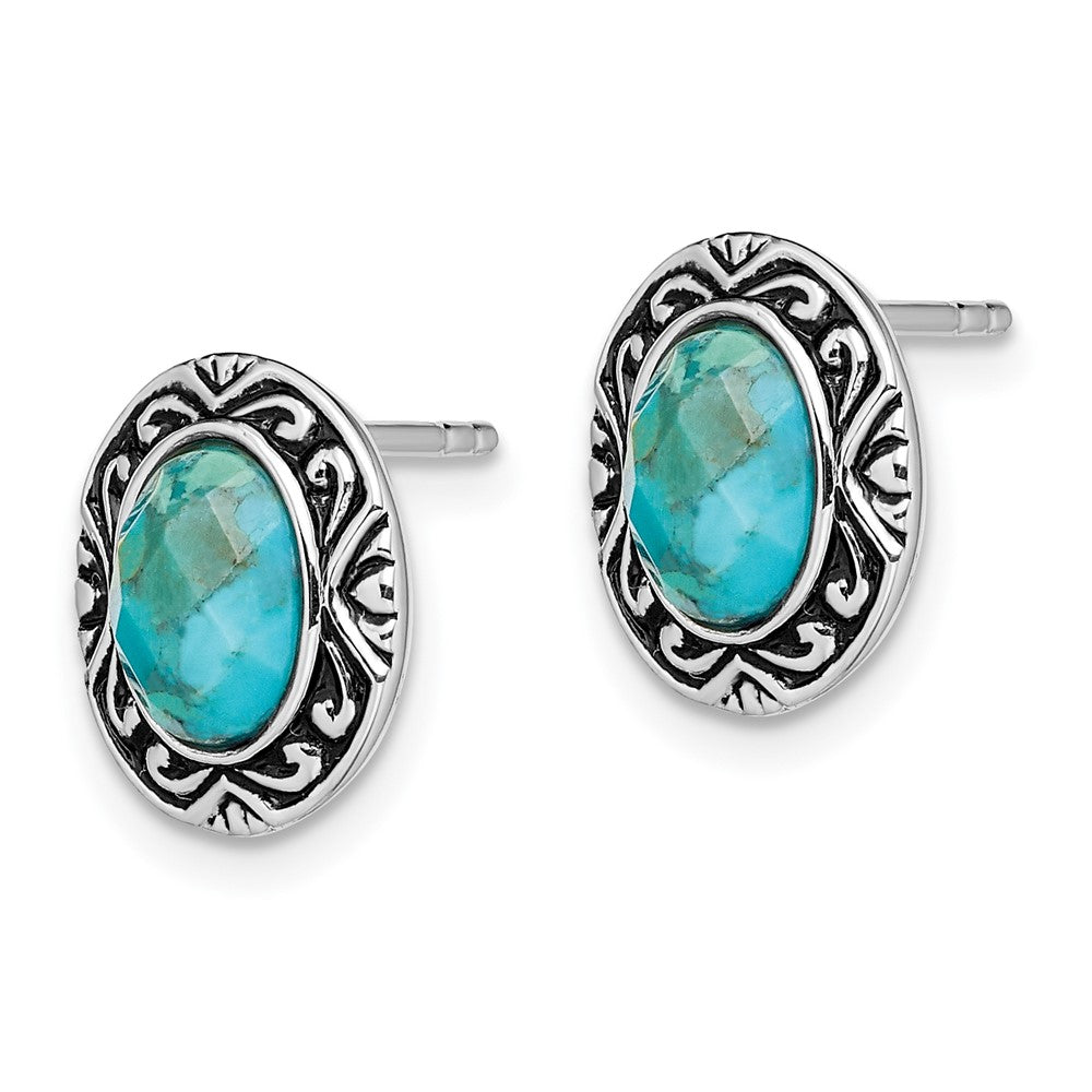 QE14004 Sterling Silver Rhodium/Oxidized w/Recon. Turquoise Post Earrings
