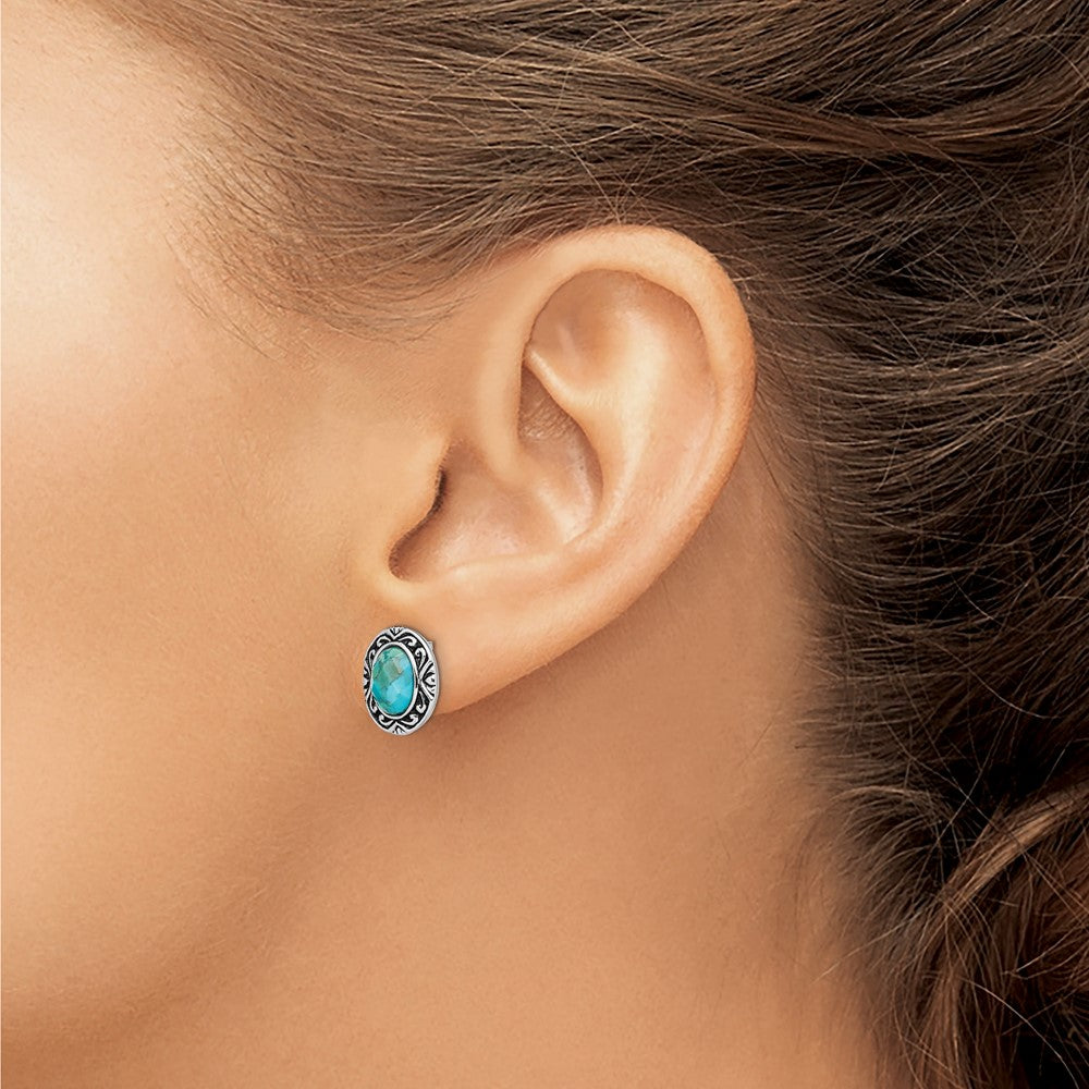 QE14004 Sterling Silver Rhodium/Oxidized w/Recon. Turquoise Post Earrings