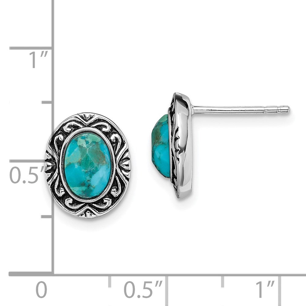 QE14004 Sterling Silver Rhodium/Oxidized w/Recon. Turquoise Post Earrings