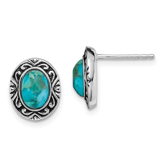 QE14004 Sterling Silver Rhodium/Oxidized w/Recon. Turquoise Post Earrings