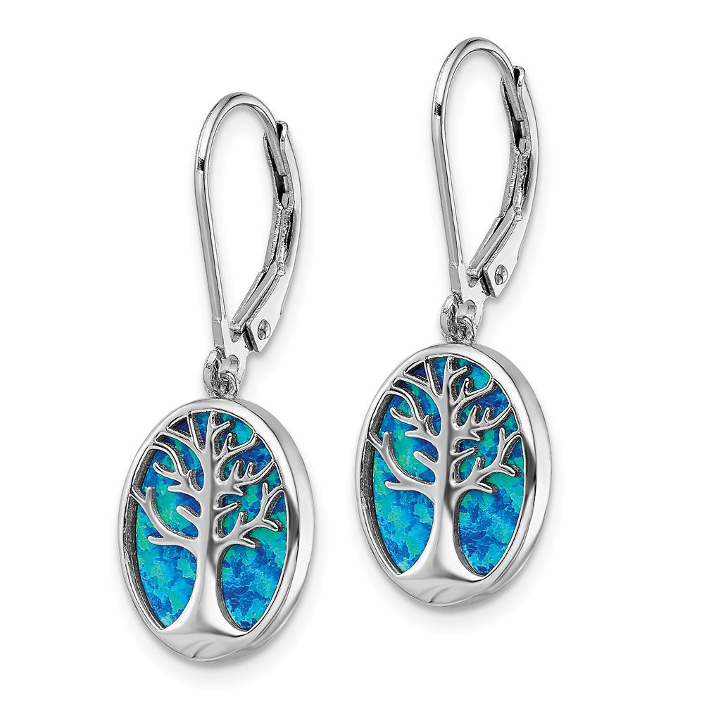QE14033 Sterling Silver Rhod-plated Creat Opal Tree of Life Leverback Earrings