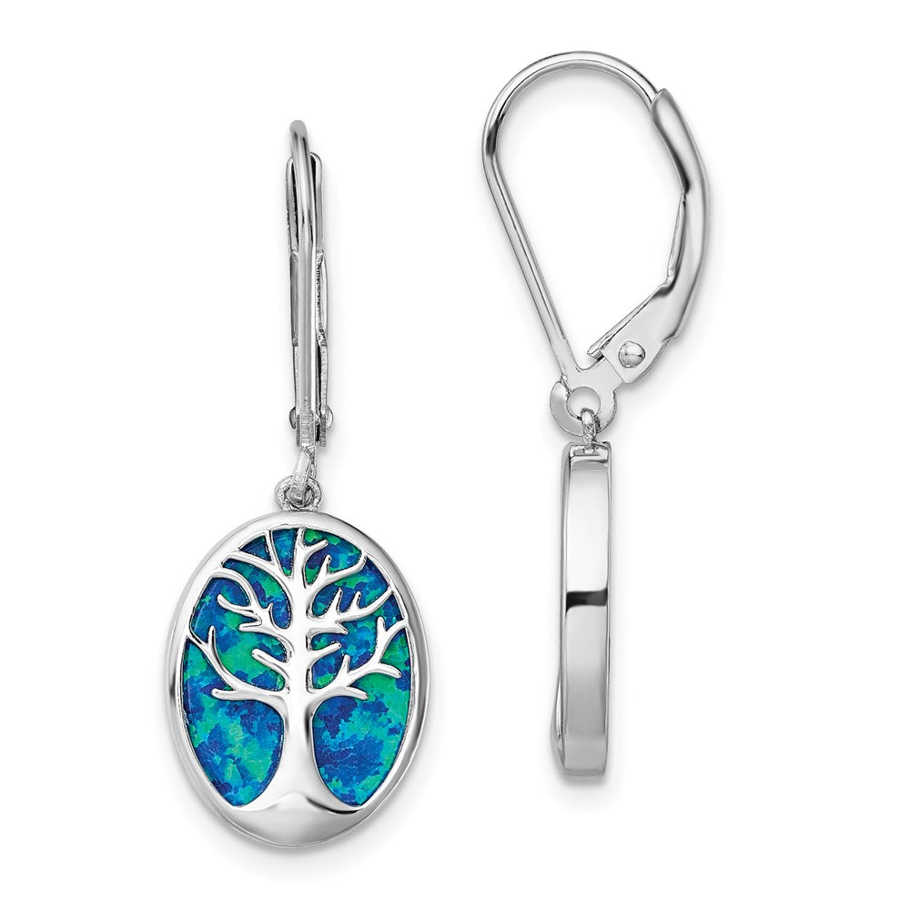 QE14033 Sterling Silver Rhod-plated Creat Opal Tree of Life Leverback Earrings
