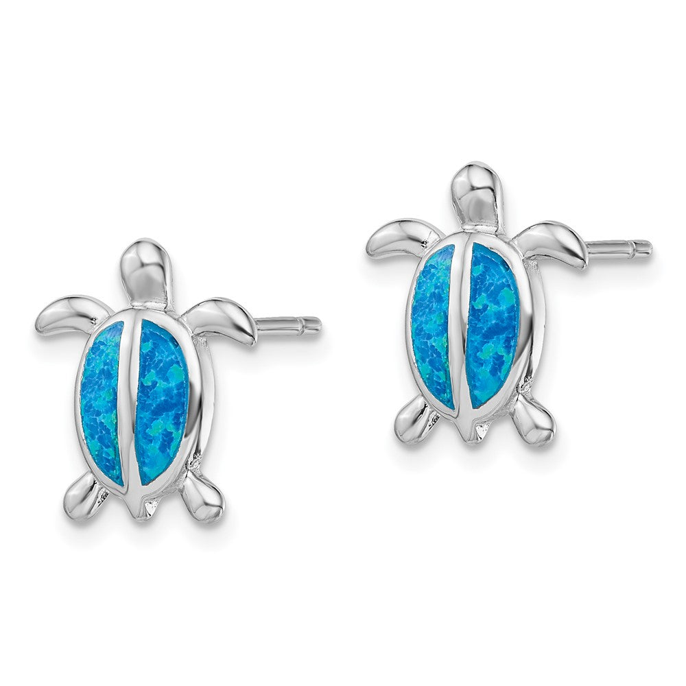 QE14035 Sterling Silver Rhodium-plated Polished Blue Created Opal Polished Turtle Post Earrings
