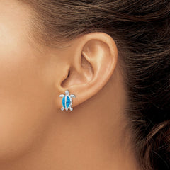 QE14035 Sterling Silver Rhodium-plated Polished Blue Created Opal Polished Turtle Post Earrings