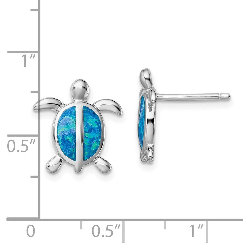 QE14035 Sterling Silver Rhodium-plated Polished Blue Created Opal Polished Turtle Post Earrings