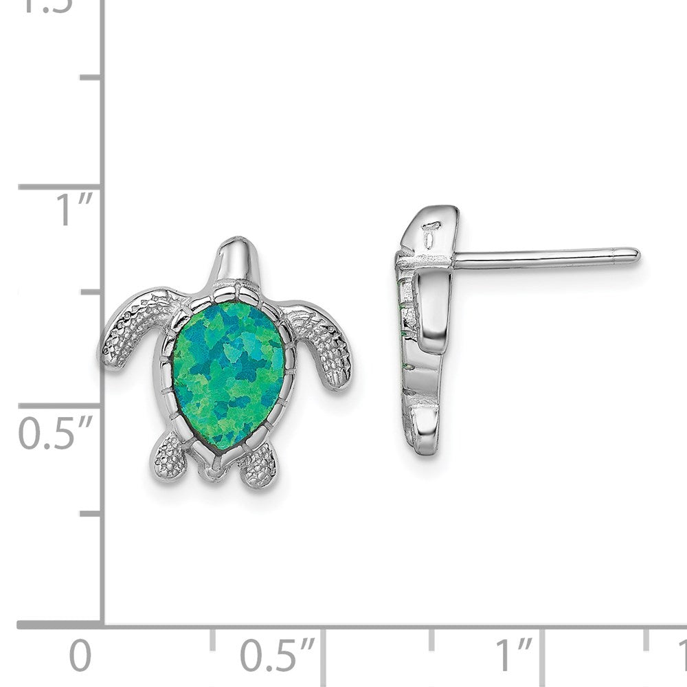 QE14036 Sterling Silver Rhodium-plated Polished Green Created Opal Turtle Post Earrings