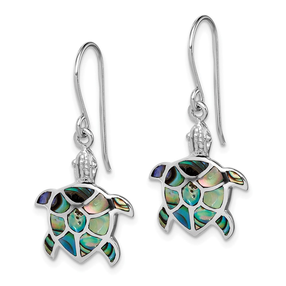 QE14037 Sterling Silver Rhodium-plated Polished Abalone Turtle Dangle Earrings