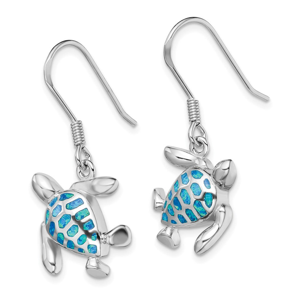 QE14038 Sterling Silver Rhodium-plated Polished Blue Created Opal Turtle Dangle Earrings