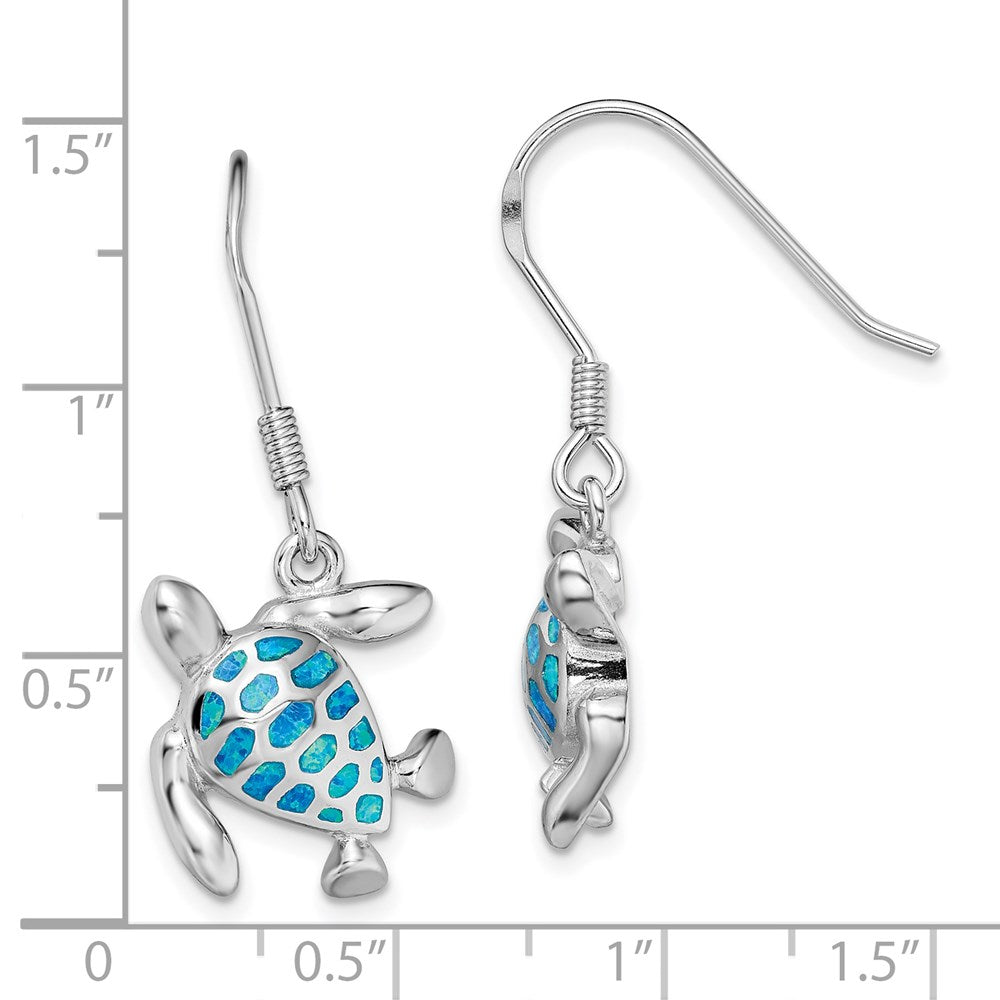 QE14038 Sterling Silver Rhodium-plated Polished Blue Created Opal Turtle Dangle Earrings