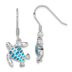 QE14038 Sterling Silver Rhodium-plated Polished Blue Created Opal Turtle Dangle Earrings