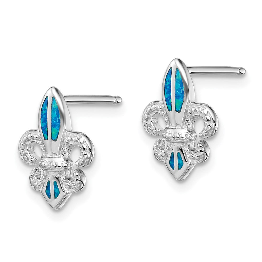 QE14042 Sterling Silver Rhodium-plated Polished & Beaded Blue Created Opal Fleur De Lis Post Earrings