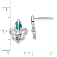 QE14042 Sterling Silver Rhodium-plated Polished & Beaded Blue Created Opal Fleur De Lis Post Earrings