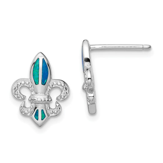 QE14042 Sterling Silver Rhodium-plated Polished & Beaded Blue Created Opal Fleur De Lis Post Earrings