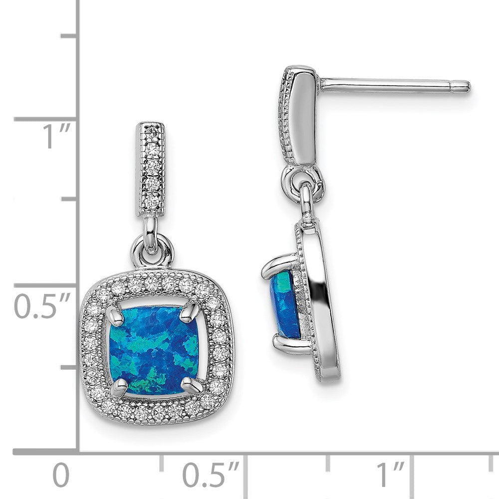QE14043 Sterling Silver Rhodium-plated Blue Created Opal CZ Post Earrings