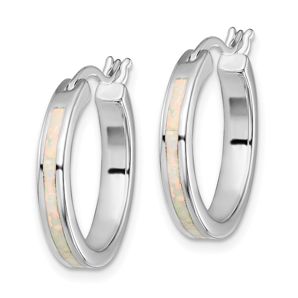 QE14045 Sterling Silver Rhodium-plated Created Opal Inlay Round Hoop Earrings