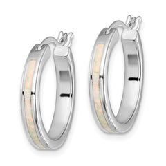 QE14045 Sterling Silver Rhodium-plated Created Opal Inlay Round Hoop Earrings