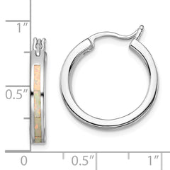 QE14045 Sterling Silver Rhodium-plated Created Opal Inlay Round Hoop Earrings