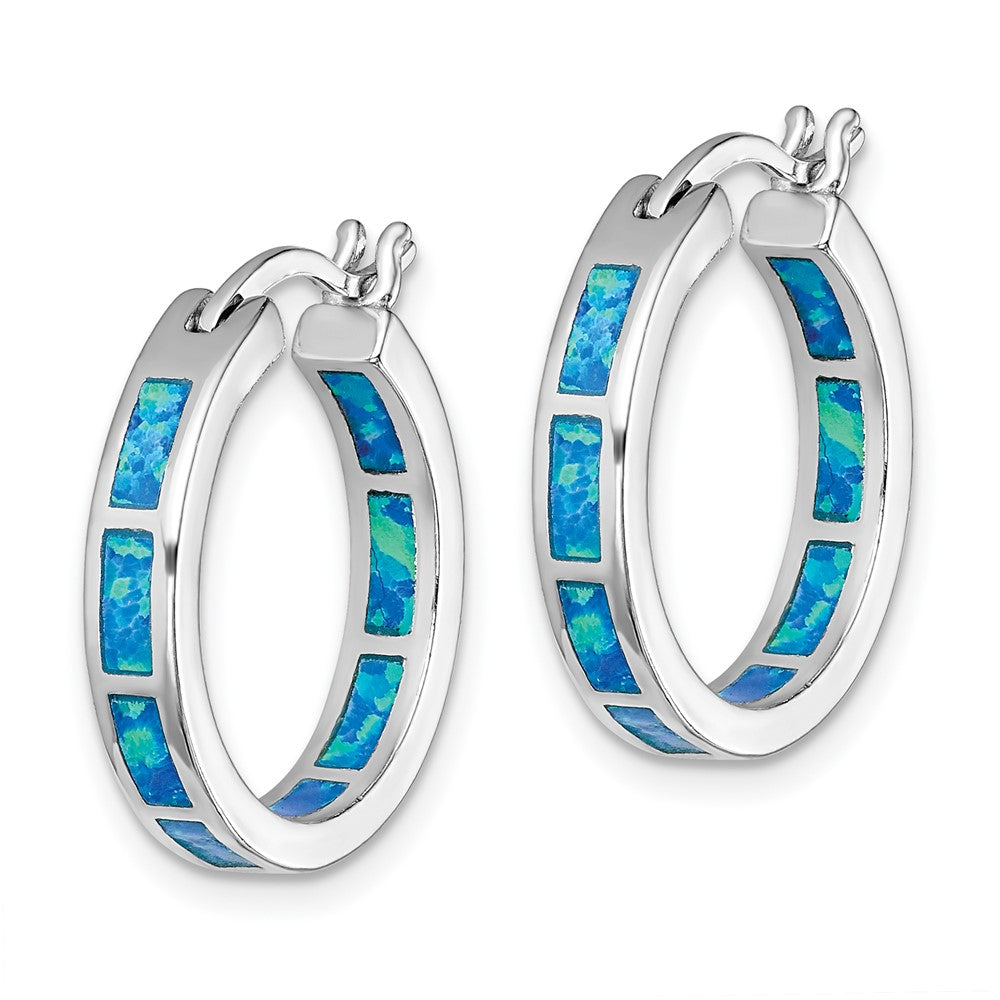 QE14046 Sterling Silver Rhodium-plated Blue Cr. Opal In/Out Round Hoop Earrings