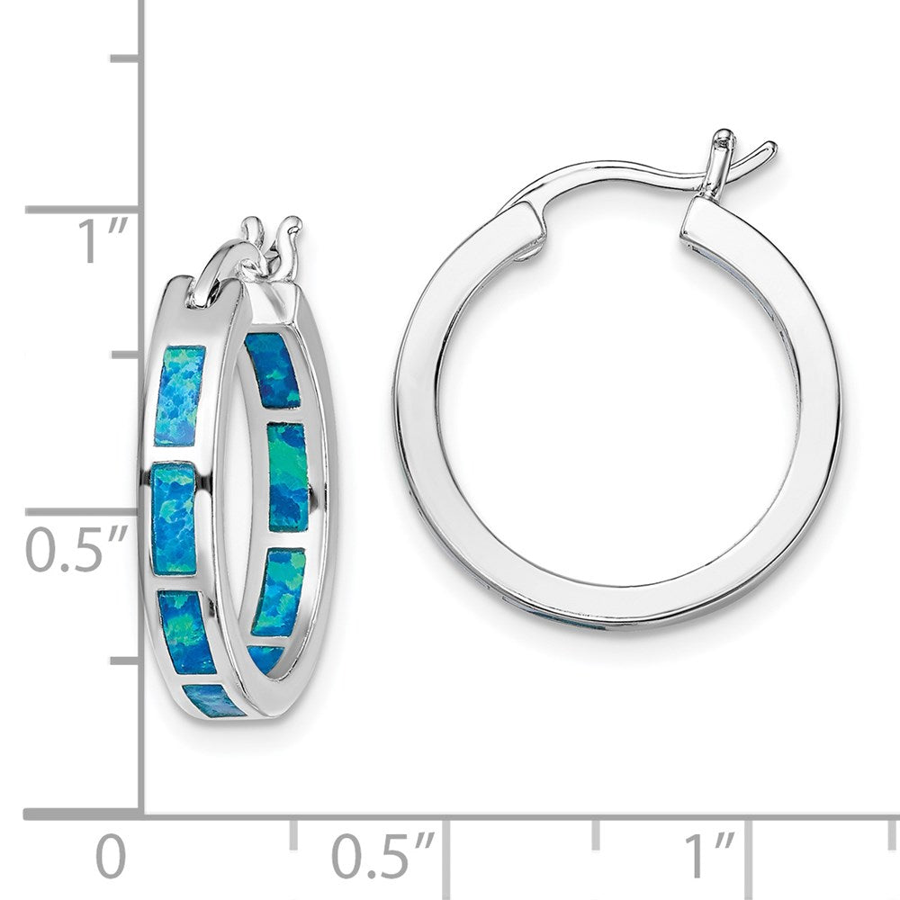 QE14046 Sterling Silver Rhodium-plated Blue Cr. Opal In/Out Round Hoop Earrings