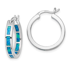 QE14046 Sterling Silver Rhodium-plated Blue Cr. Opal In/Out Round Hoop Earrings