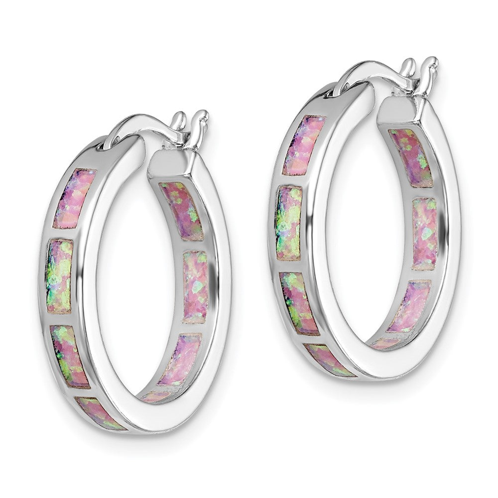 QE14047 Sterling Silver Rhodium-plated Pink Cr. Opal In/Out Round Hoop Earrings