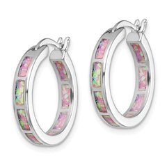 QE14047 Sterling Silver Rhodium-plated Pink Cr. Opal In/Out Round Hoop Earrings
