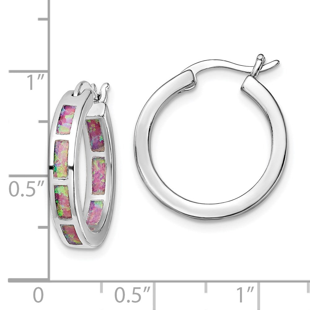 QE14047 Sterling Silver Rhodium-plated Pink Cr. Opal In/Out Round Hoop Earrings