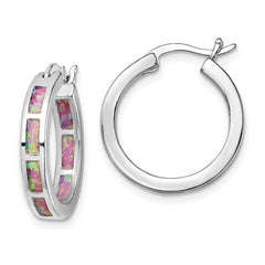 QE14047 Sterling Silver Rhodium-plated Pink Cr. Opal In/Out Round Hoop Earrings