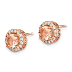 QE14070 Sterling Silver Rose-tone Round Peach CZ Halo Post Earrings