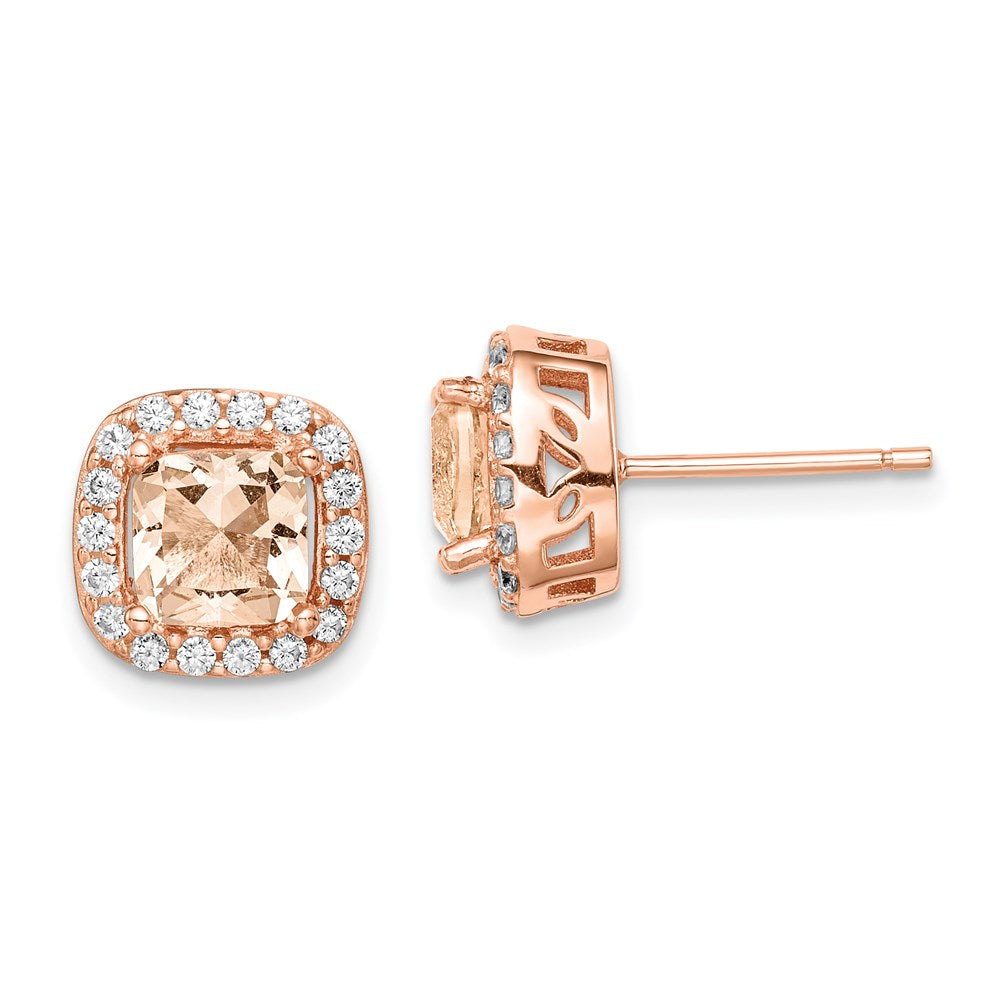QE14071 Sterling Silver Rose-tone Square Peach CZ Halo Post Earrings