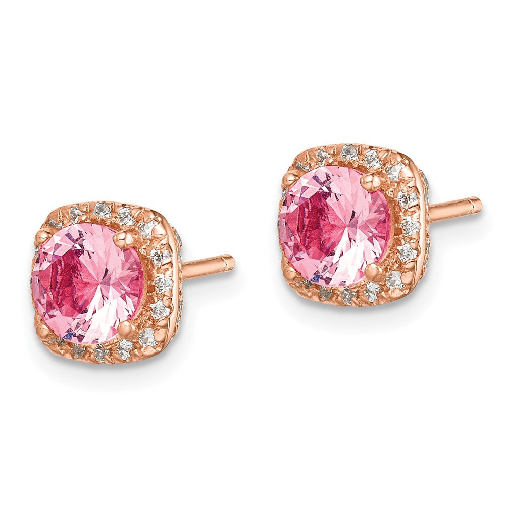QE14072 Sterling Silver Rose-tone Square Pink Crystal Center and CZ Post Earrings