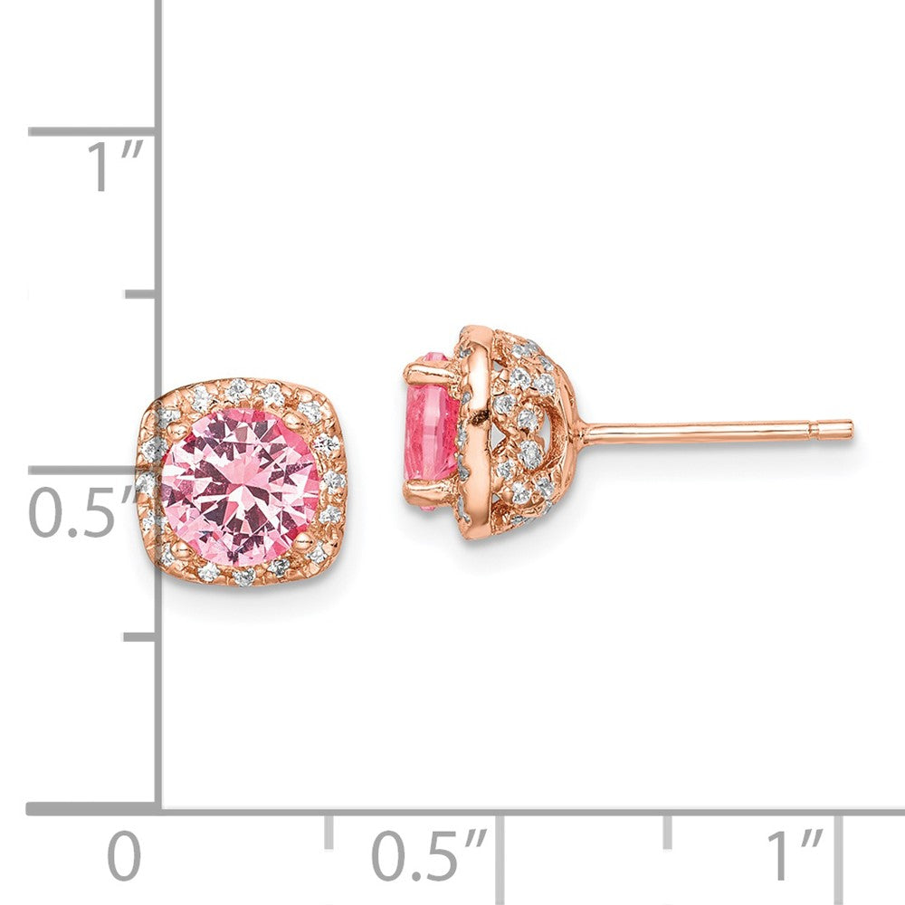 QE14072 Sterling Silver Rose-tone Square Pink Crystal Center and CZ Post Earrings