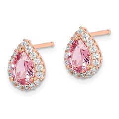 QE14075 Sterling Silver Rose-tone Post CZ and Pear Teardrop Pink Crystal Earrings