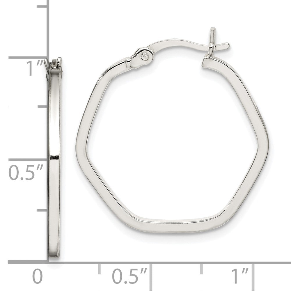 QE14104 Sterling Silver Polished Square Tube Hexagon Hoop Earrings