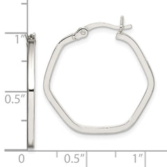 QE14104 Sterling Silver Polished Square Tube Hexagon Hoop Earrings
