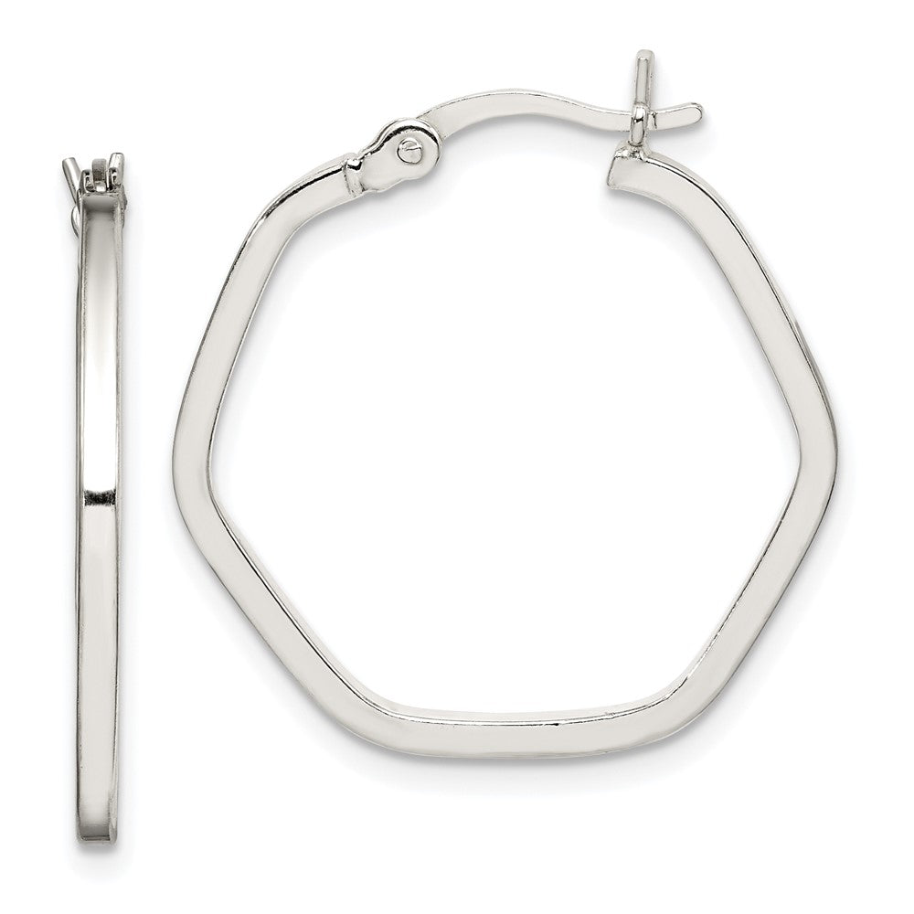 QE14104 Sterling Silver Polished Square Tube Hexagon Hoop Earrings
