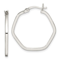 QE14104 Sterling Silver Polished Square Tube Hexagon Hoop Earrings