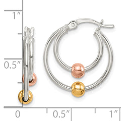 QE14116 Sterling Silver Rose and Gold Tone Bead Hoop Earrings