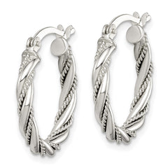 QE14117 Sterling Silver Twisted Textured 3x20mm Hoop Earrings