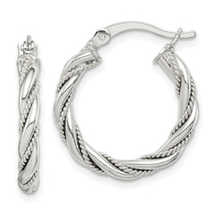 QE14117 Sterling Silver Twisted Textured 3x20mm Hoop Earrings