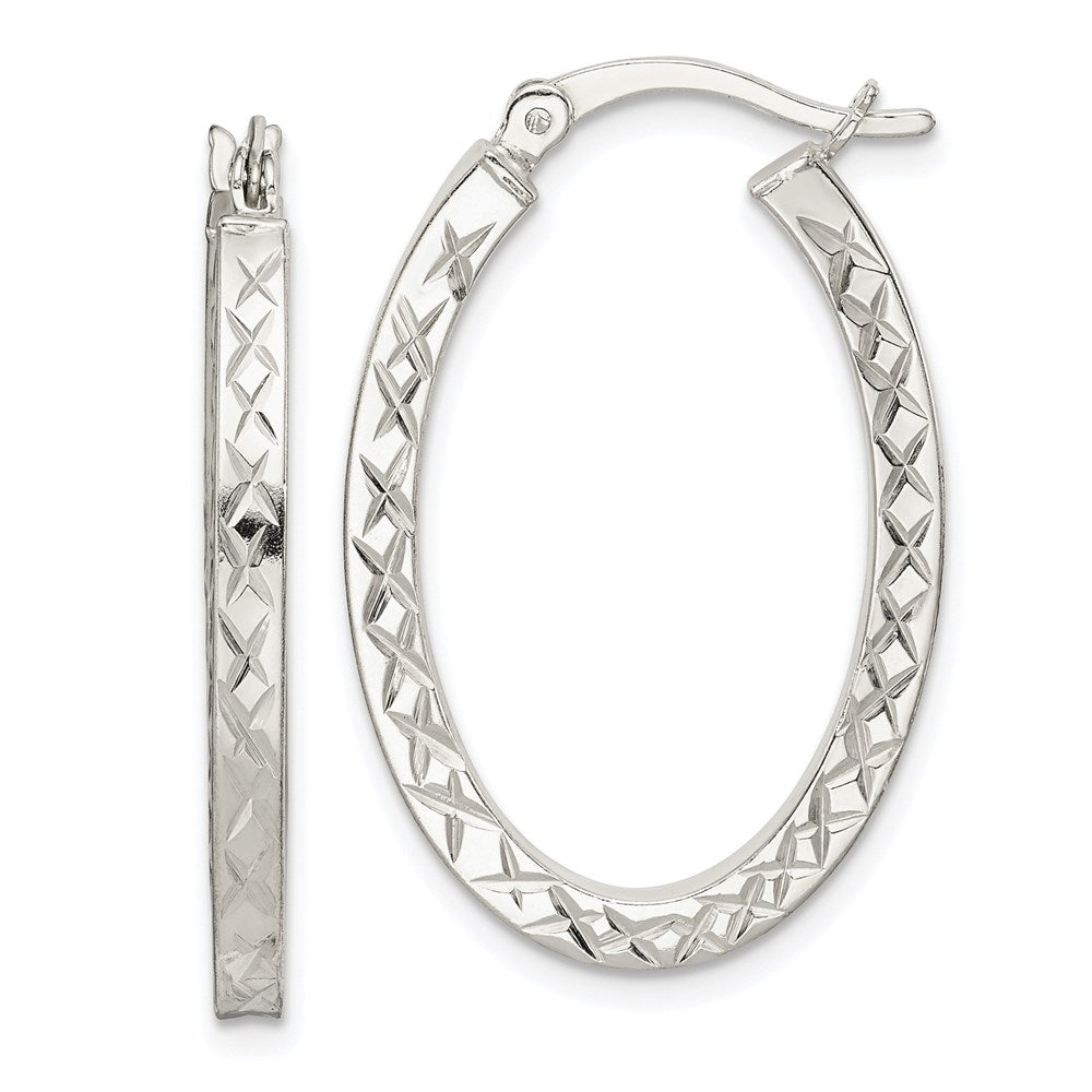 QE14122 Sterling Silver Diamond-cut 2.5mm Oval Hoop Earrings