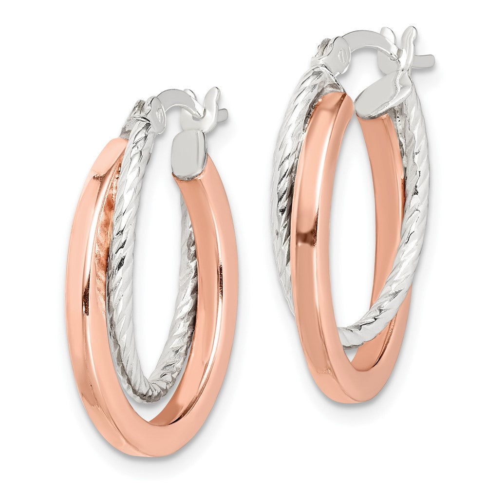 QE14124 Sterling Silver and Rose Tone Double Hoop Earrings