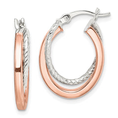 QE14124 Sterling Silver and Rose Tone Double Hoop Earrings