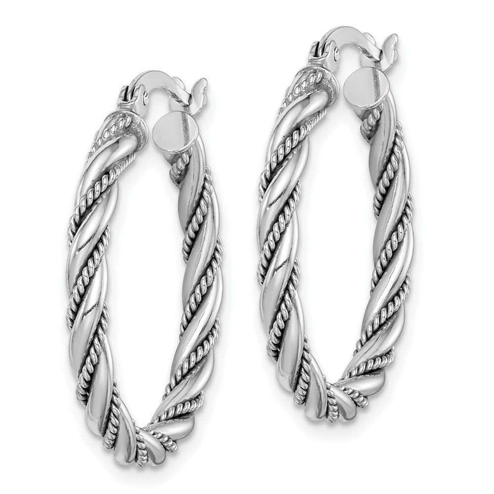 QE14133 Sterling Silver Rhodium-plated 2.5x25mm Twisted Hoop Earrings