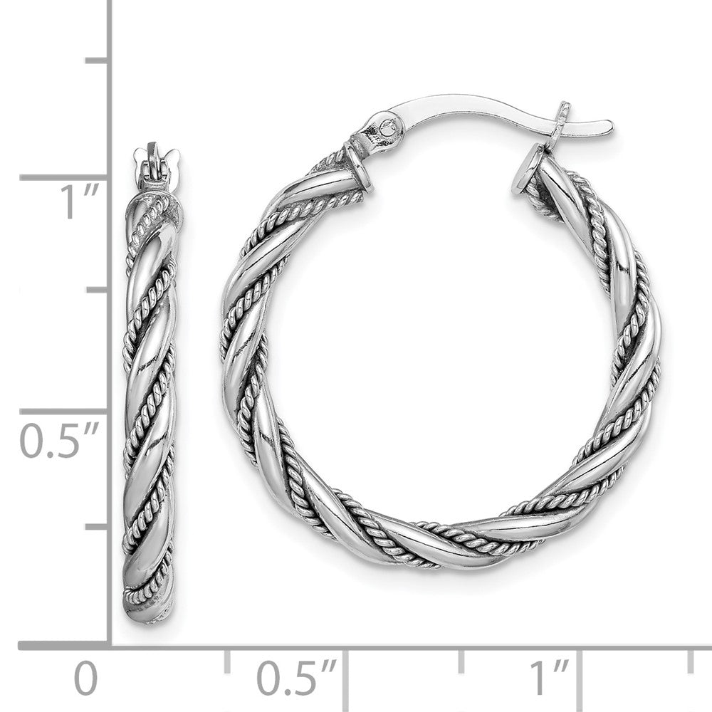 QE14133 Sterling Silver Rhodium-plated 2.5x25mm Twisted Hoop Earrings
