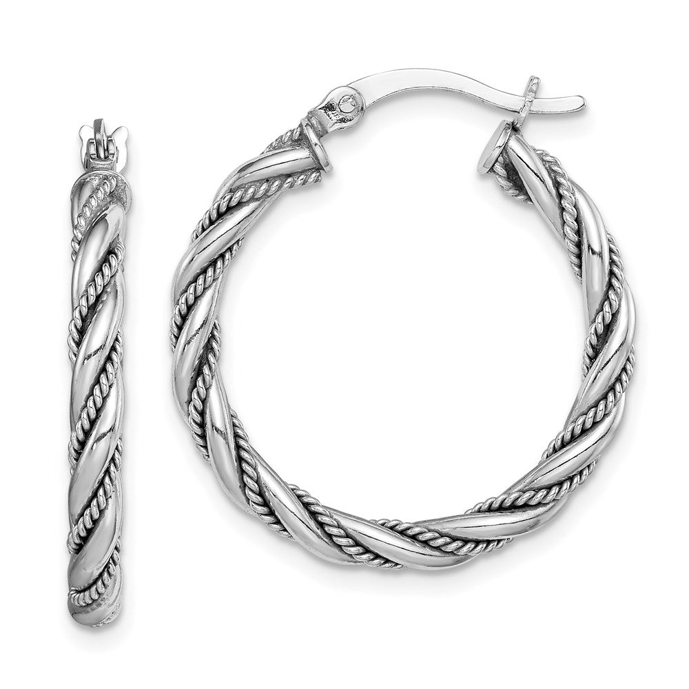 QE14133 Sterling Silver Rhodium-plated 2.5x25mm Twisted Hoop Earrings