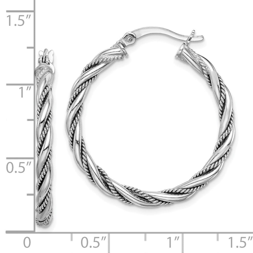QE14134 Sterling Silver Rhodium-plated 2.5x30mm Twisted Hoop Earrings
