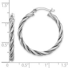 QE14134 Sterling Silver Rhodium-plated 2.5x30mm Twisted Hoop Earrings