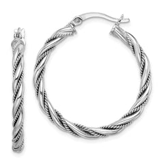 QE14134 Sterling Silver Rhodium-plated 2.5x30mm Twisted Hoop Earrings