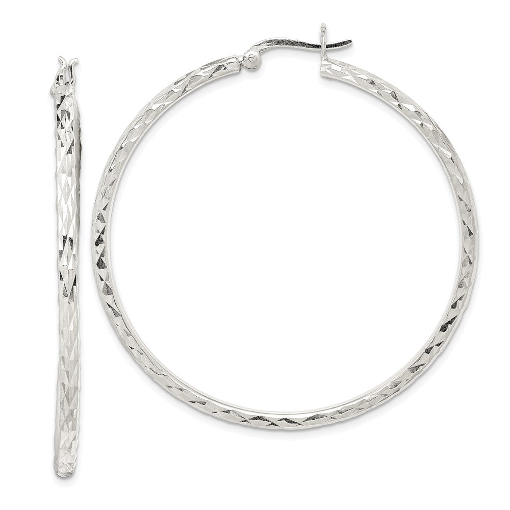 QE14138 Sterling Silver Polished & Diamond-cut 2.5mm Round Hoop Earrings